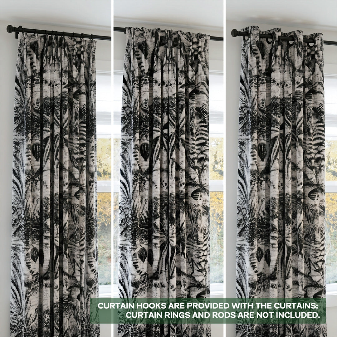 hugmoom Custom Plush Printed Pleated Curtains, 3 header options showcase: pinch pleat, rod pocket, grommet top, black botanical drapes for windows