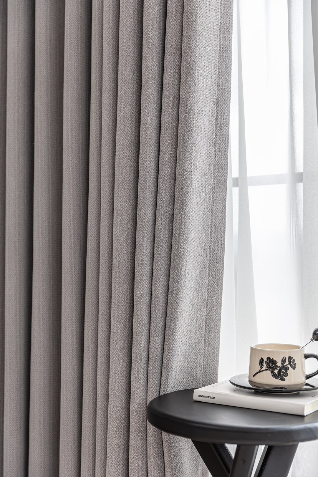 Phantom gray retro linen blackout curtains||Misty Illusion
