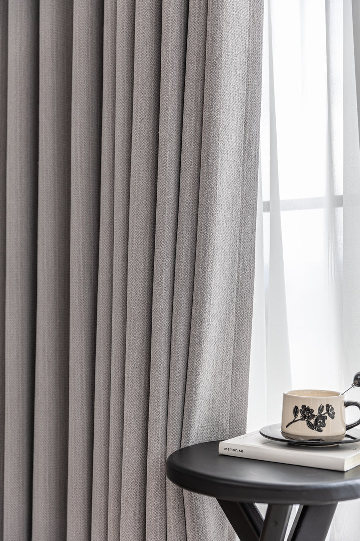 Phantom gray retro linen blackout curtains||Misty Illusion