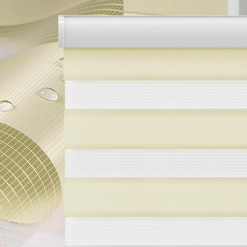 Beige and white striped waterproof roller blind with water droplets on fabric texture.
