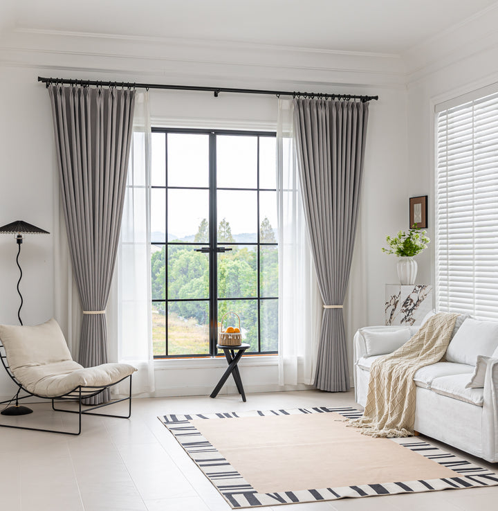 Phantom gray retro linen blackout curtains||Misty Illusion