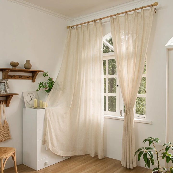 Seren Natural Small Plaid Linen Drape Curtains