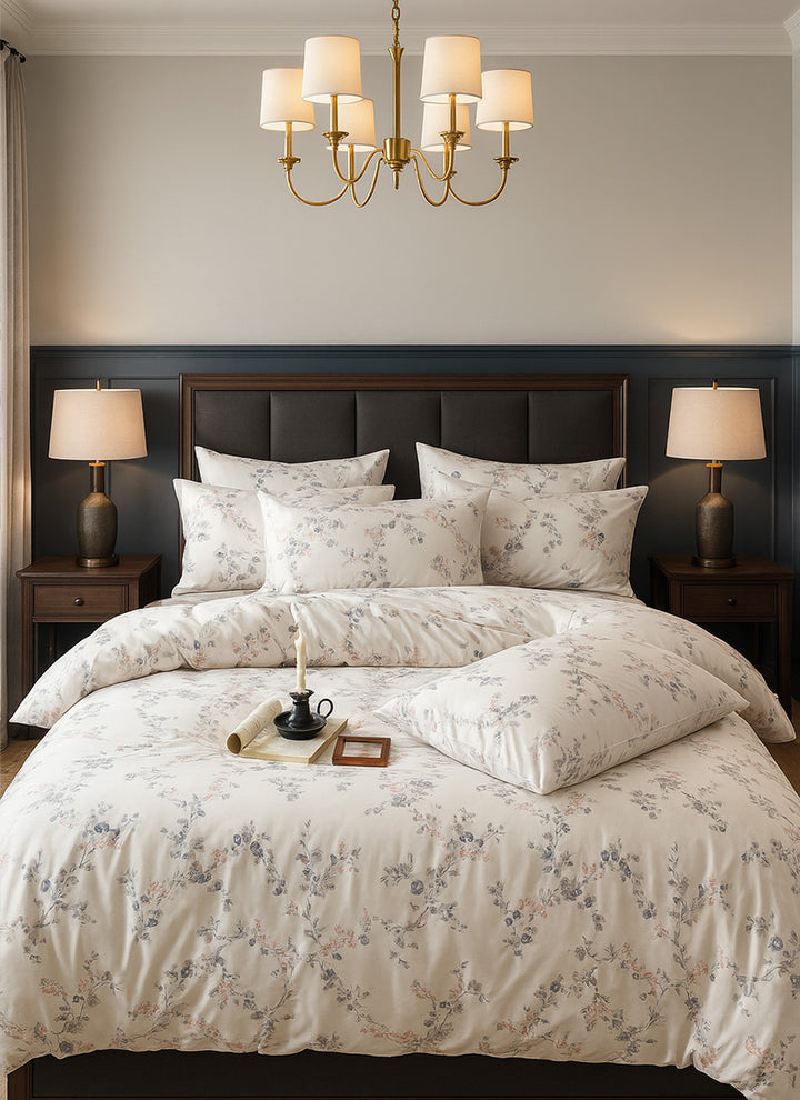 Premium British Cotton Luxury Bedding Ensemble with Contemporary Floral Embroidery & Artistic Brushstroke Design