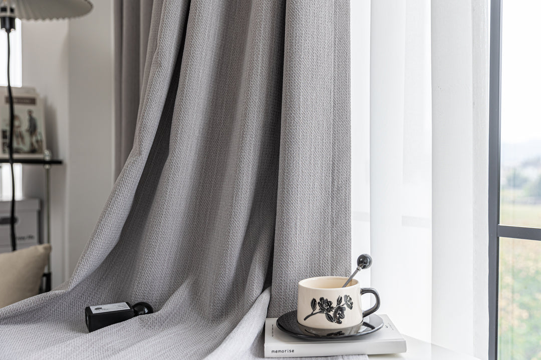 Phantom gray retro linen blackout curtains||Misty Illusion