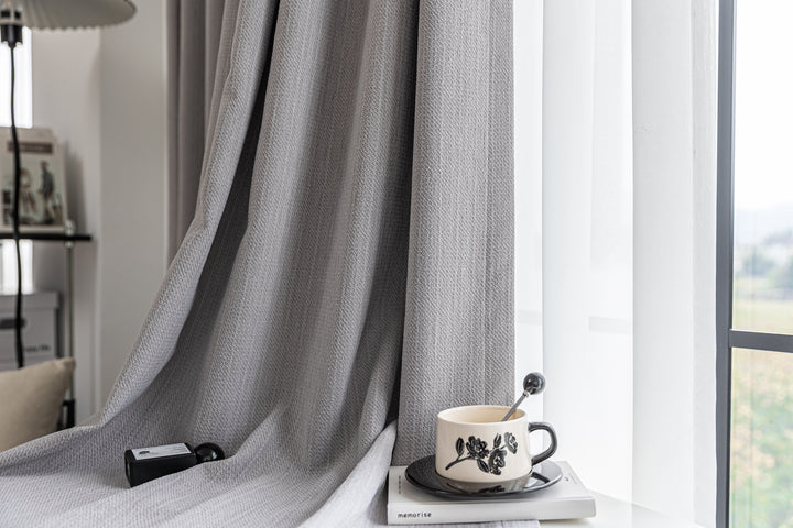 Phantom gray retro linen blackout curtains||Misty Illusion