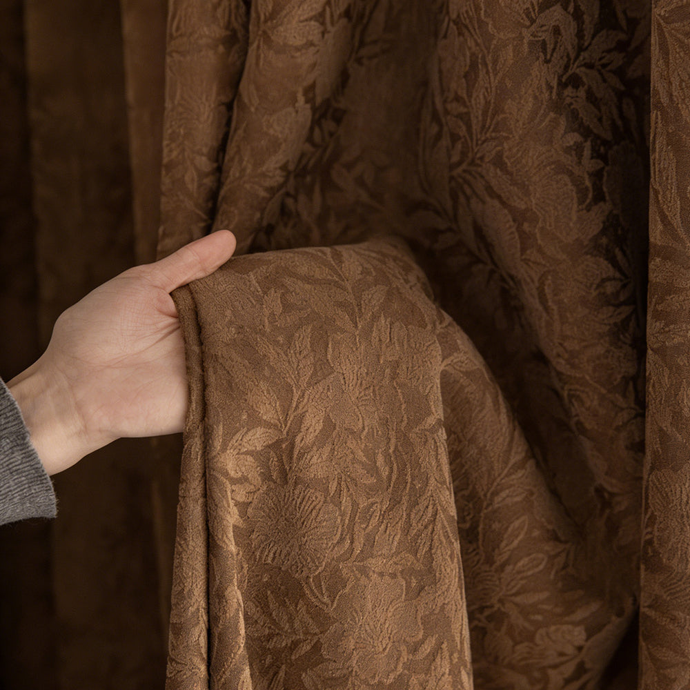 Brown Blackout Curtains for Bedroom with 3D Floral Relief – Close-up of Textured Botanical Fabric (USA, EU)