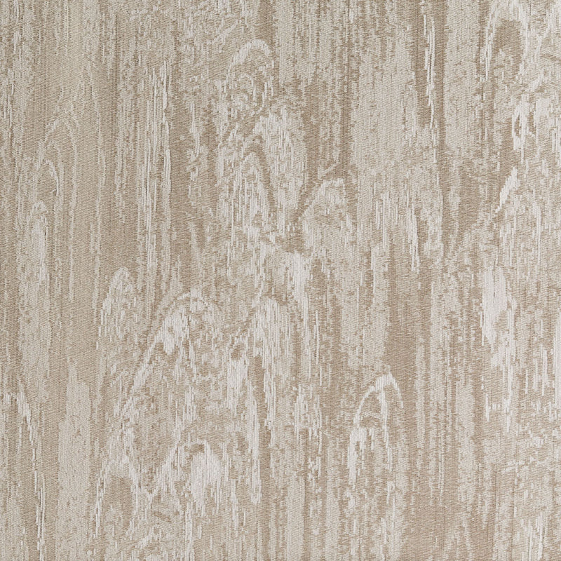 Taupe chenille fabric with water ripple pattern, textured curtain material close-up