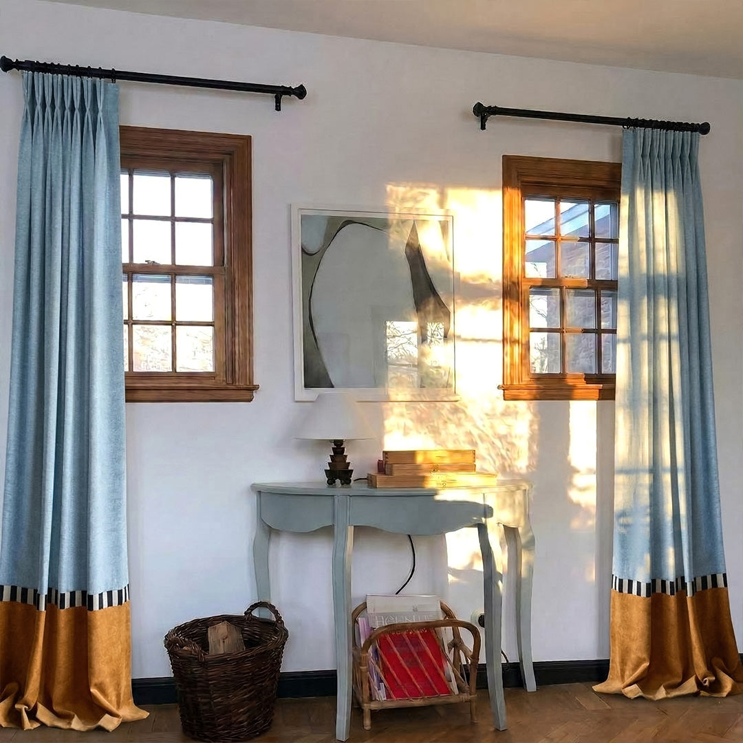 Color Block Curtains Blue &amp; Tan – Warm Drapes for Sunlit Entryway &amp; Foyer Decor (North America, Europe)