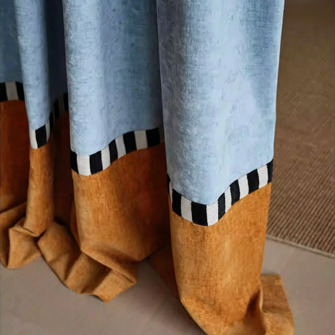 Color Block Curtains Blue &amp; Tan – Close-up of Textured Fabric with Black &amp; White Striped Trim (USA, EU)