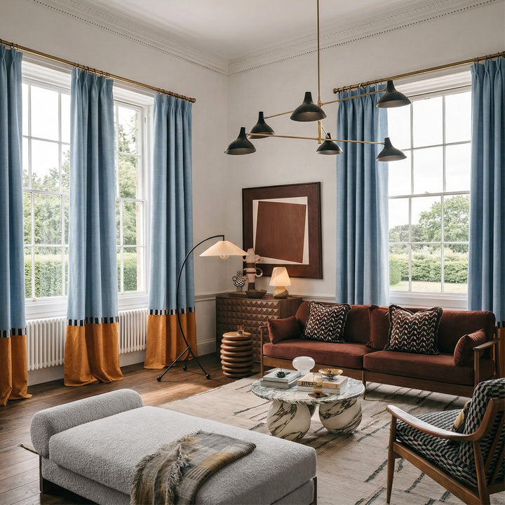 Color Block Curtains Blue &amp; Tan – Bold Drapes for Mid-Century Modern Living Spaces (US, UK, EU)