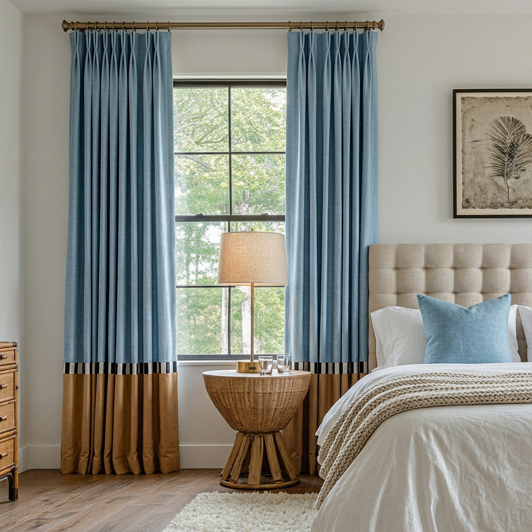 Color Block Curtains Blue &amp; Tan – Luxury Pleated Drapes for Contemporary Master Bedrooms (North America, Europe)
