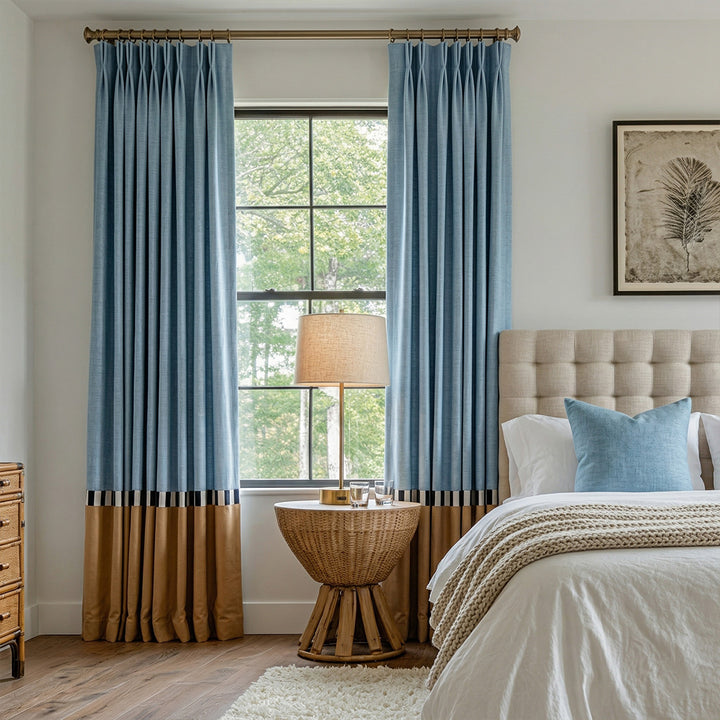 Color Block Curtains Blue &amp; Tan – Luxury Pleated Drapes for Contemporary Master Bedrooms (North America, Europe)