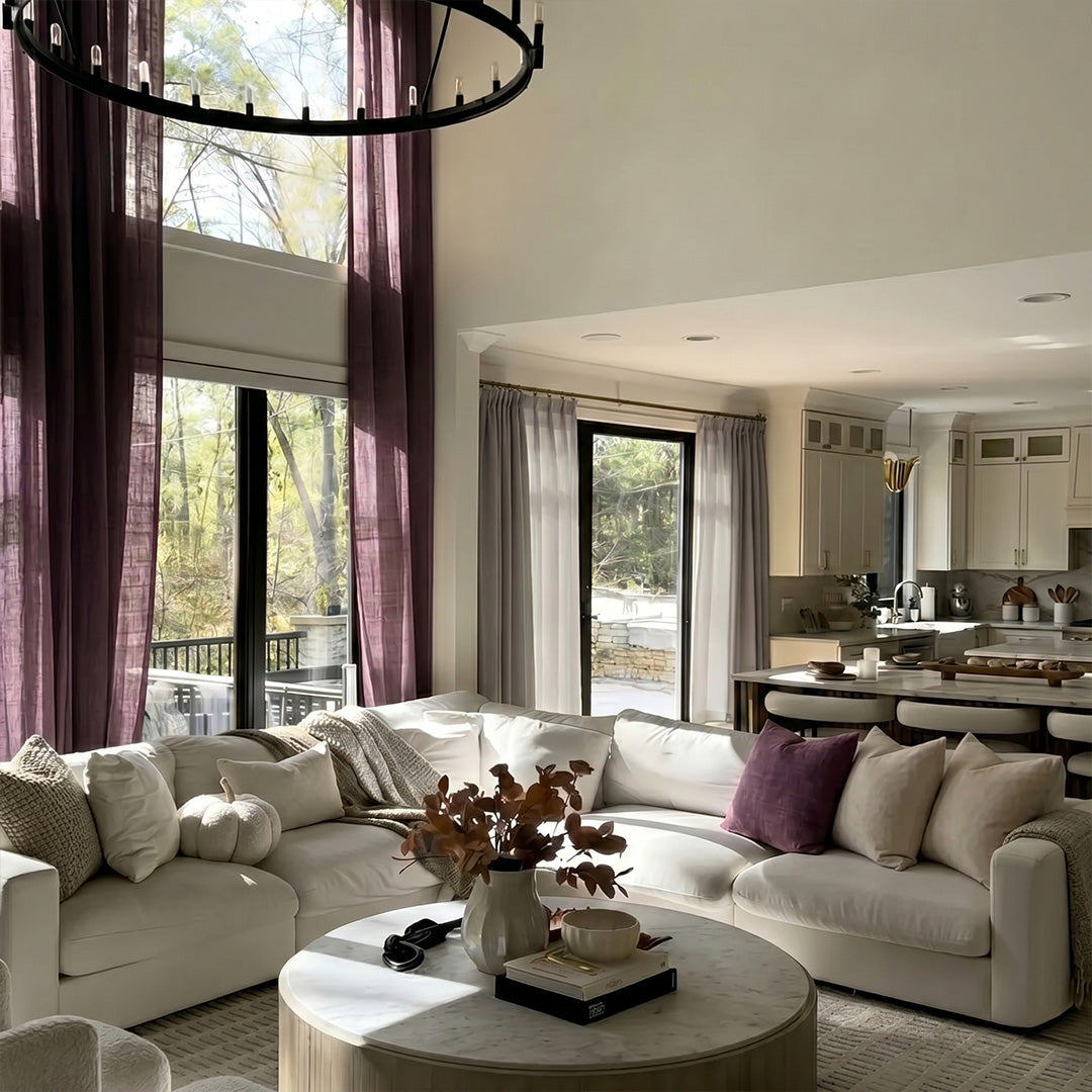 Misty blue custom pleated drapes with natural coarse weave for modern minimalist living room