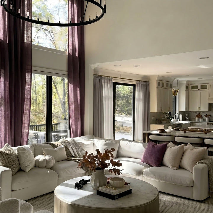 Misty blue custom pleated drapes with natural coarse weave for modern minimalist living room