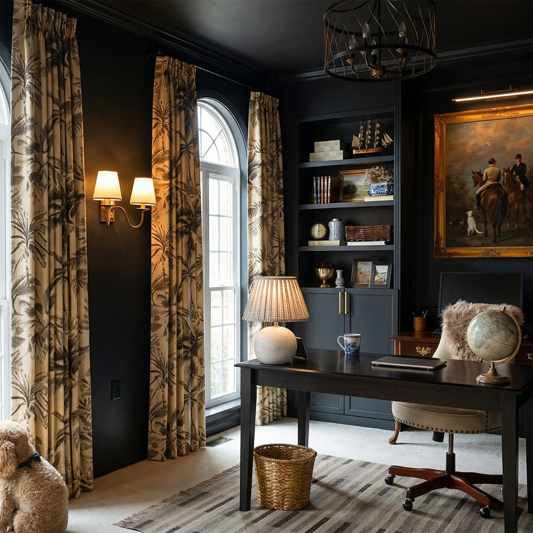 Light Blue Botanical Country Floral Drapery – Pleated Elegant Drapes for Rustic Farmhouse Dining Rooms (North America, Europe)