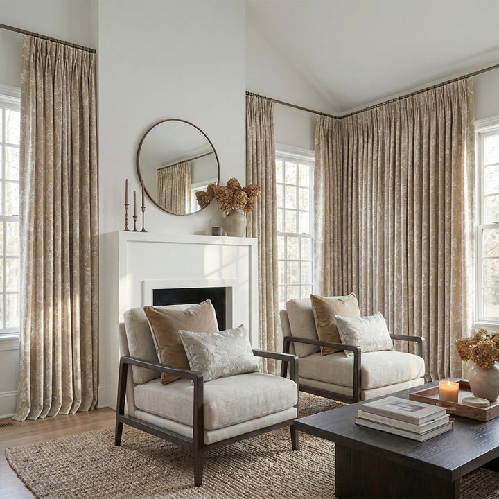 Beige Botanical Country Floral Drapery – Pleated Elegant Drapes for Timeless Farmhouse Living Rooms (USA, EU)
