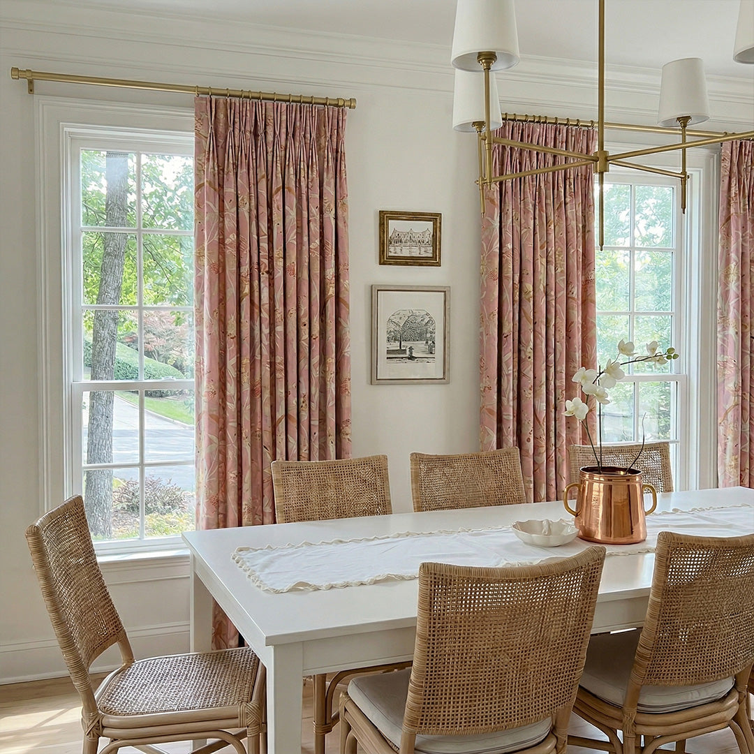 Warm Taupe Rose Country Floral Drapery – Close-up of Pleated Elegant Textured Fabric (North America, Europe)