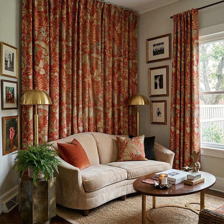 Red Botanical Country Floral Drapery – Pleated Elegant Drapes for Serene Lakeview Master Bedrooms (US, UK, EU)