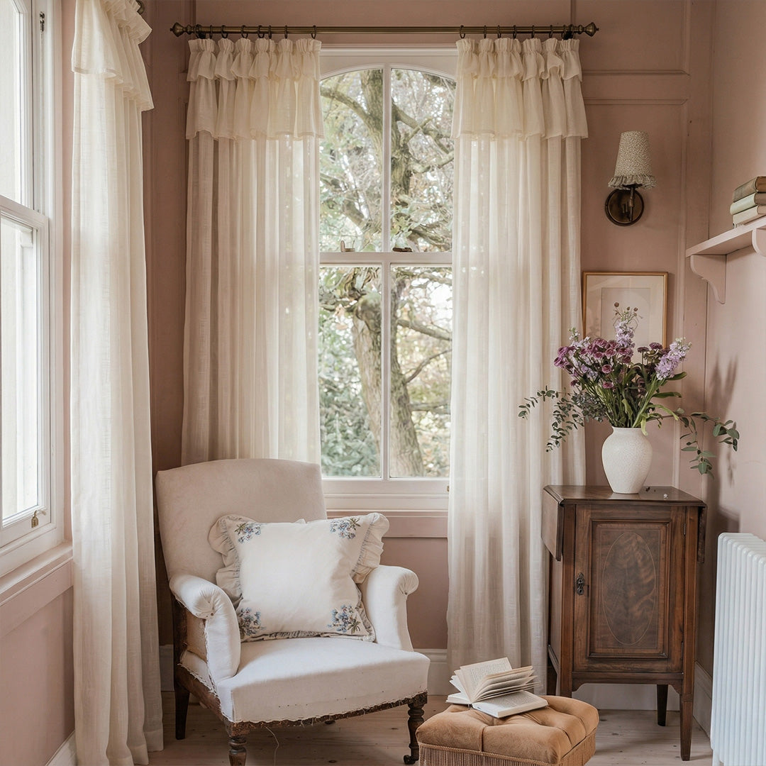 Cream Sheer Valances with Cake Ruffle Design – Soft Drapes for Cozy Blush Pink Reading Nooks (US, UK, EU)