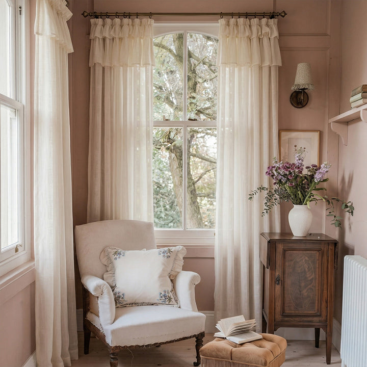 Cream Sheer Valances with Cake Ruffle Design – Soft Drapes for Cozy Blush Pink Reading Nooks (US, UK, EU)