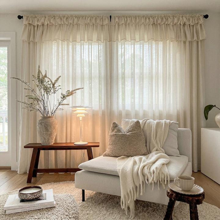 Cream Sheer Valances with Cake Ruffle Design – Cozy Drapes for Warm Minimalist Lounge Areas (USA, EU)