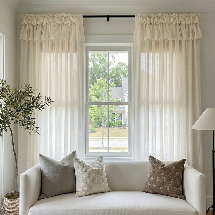 Cream Sheer Valances with Cake Ruffle Design – Versatile Drapes for Sleek Modern Living Rooms (North America, Europe)