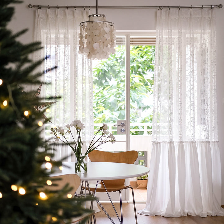 Hugmoom Double Layer Floral Curtains with Ruffled Hem Jacquard Sheer Drapes – Custom Light Filtering White Floral Sheer Drapes for Bright Cottagecore Farmhouse Dining Rooms (USA, UK, EU)