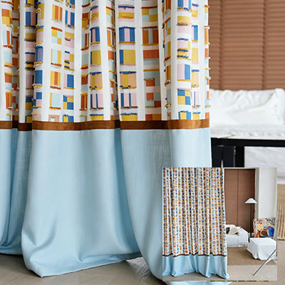 HUGMOOM Bespoke Color Block Curtains - Playful Geometric Print with Light Blue Velvet Hem, Premium Custom Pinch Pleat Curtains for Kids' Room & Modern Living Spaces, Luxury Designer Window Treatments