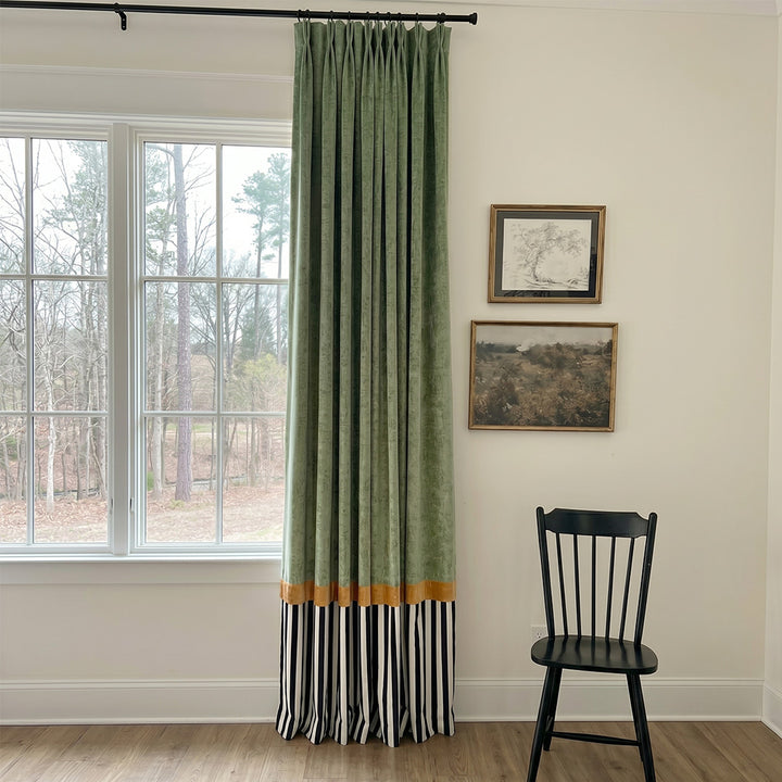 HUGMOOM Bespoke Color Block Curtains - Sage Green Velvet with Mustard Trim and Black &amp; White Striped Hem, Premium Pinch Pleat Custom Curtains for Living Room, High-End Designer Window Treatments for Luxury Homes
