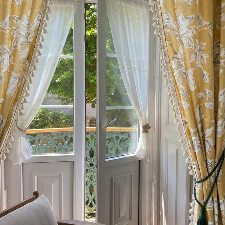 HUGMOOM Bespoke Yellow Floral Curtains - Linen Print Curtains with Tassel Trim for French Doors, Elegant Cottagecore Drapes with Sheer Layering, Custom Luxury Window Treatments