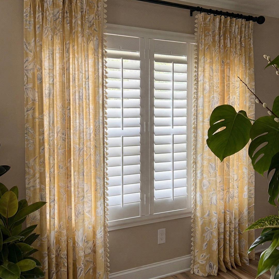 HUGMOOM Bespoke Yellow Floral Curtains - Premium Linen Print Curtains with Handmade Tassel Fringe, Custom Pinch Pleat Drapes for Living Room Windows, High-End Farmhouse Style Window Treatments