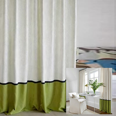 HUGMOOM Custom Color Block Curtains - Luxury Cream Linen with Olive Green Velvet Hem and Black Trim, Bespoke Two-Tone Pinch Pleat Curtains, High-End Modern Window Treatments for Bright & Airy Living Spaces