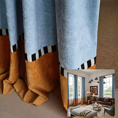 HUGMOOM Custom Color Block Curtains - Soft Blue Velvet with Black White Striped Trim & Warm Orange Hem, Bespoke Two-Tone Pinch Pleat Curtains for Living Room, Luxury Designer Window Treatments