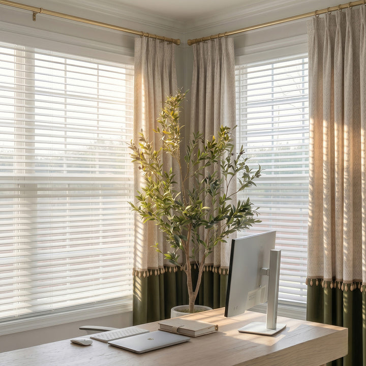 HUGMOOM Custom Color Block Curtains - Luxury Beige and Olive Green Two-Tone Pinch Pleat Curtains with Handmade Tassels, Elegant Home Office Window Treatments, Bespoke Designer Drapes for Modern &amp; Transitional Interiors