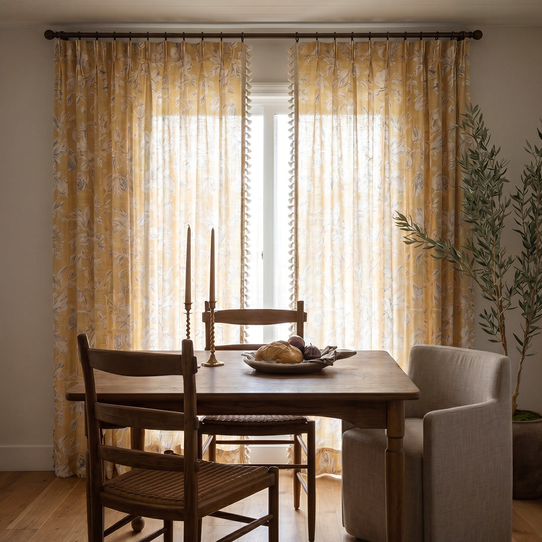 HUGMOOM Custom Yellow Floral Curtains - Light Filtering Linen Blend with Tassel Trim, Sheer-Effect Floral Print Drapes for Dining Room, Bespoke Farmhouse &amp; Cottagecore Window Treatments