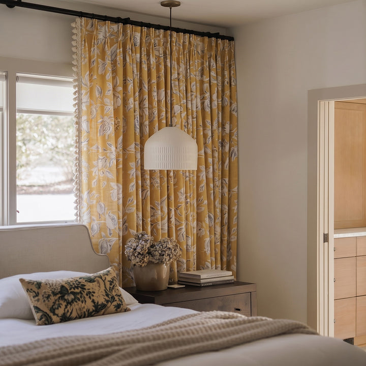 HUGMOOM Custom Yellow Floral Curtains - Luxury Linen Blend with Handcrafted Tassel Trim, Pinch Pleat Designer Drapes for Elegant Bedroom, Bespoke Farmhouse &amp; Boho Window Treatments
