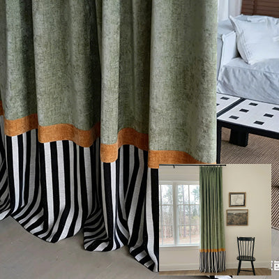 HUGMOOM Luxury Color Block Curtains - Sage Green Velvet with Mustard Trim & Black White Striped Hem, Custom Pinch Pleat Curtains for Farmhouse & Transitional Homes, High-End Designer Drapes