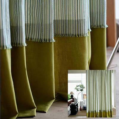 HUGMOOM Luxury Color Block Curtains - Sheer Striped Top with Olive Green Velvet Hem, Bespoke Two-Tone Custom Curtains for Modern & Boho Living Spaces, High-End Designer Window Treatments