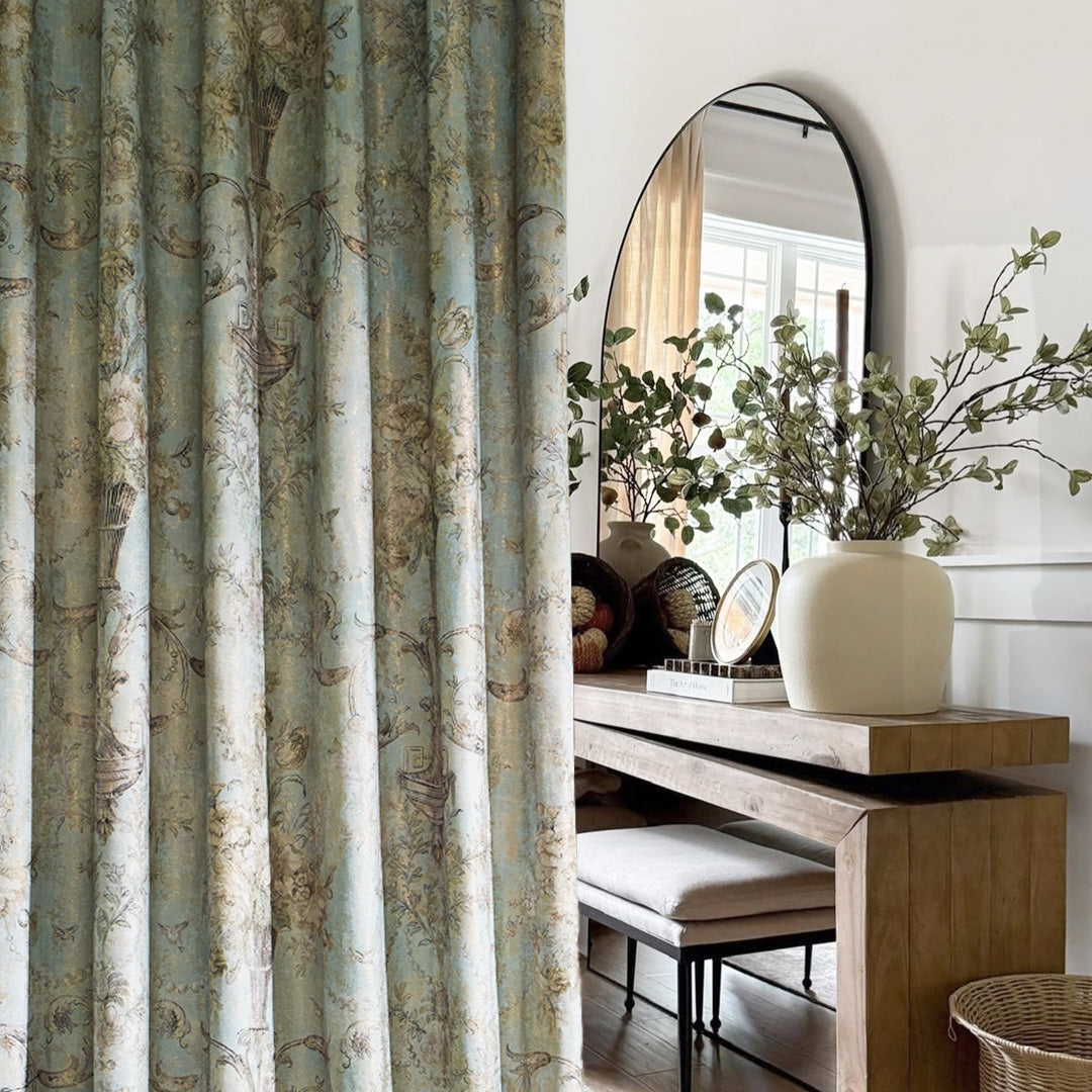 HUGMOOM Luxury Curtains with Floral Pattern - Close-Up of Vintage Botanical Print Curtains in Soft Teal &amp; Neutral Tones, Bespoke Linen Blend Drapes with Intricate Floral Motifs, Premium Designer Window Treatments for Timeless Interiors