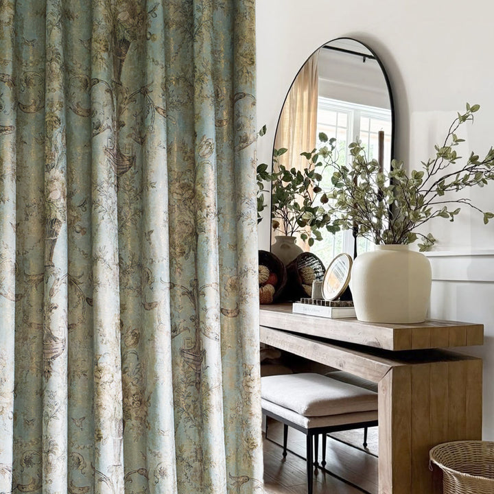 HUGMOOM Luxury Curtains with Floral Pattern - Close-Up of Vintage Botanical Print Curtains in Soft Teal &amp; Neutral Tones, Bespoke Linen Blend Drapes with Intricate Floral Motifs, Premium Designer Window Treatments for Timeless Interiors