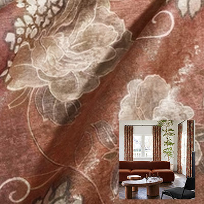 HUGMOOM Luxury Curtains with Floral Pattern - Rich Rust Floral Print Velvet-Blend Curtains in Warm Terracotta Tones, Custom Pinch Pleat Drapes for Cozy Mid-Century Living Rooms, Bespoke Vintage-Inspired High-End Window Treatments