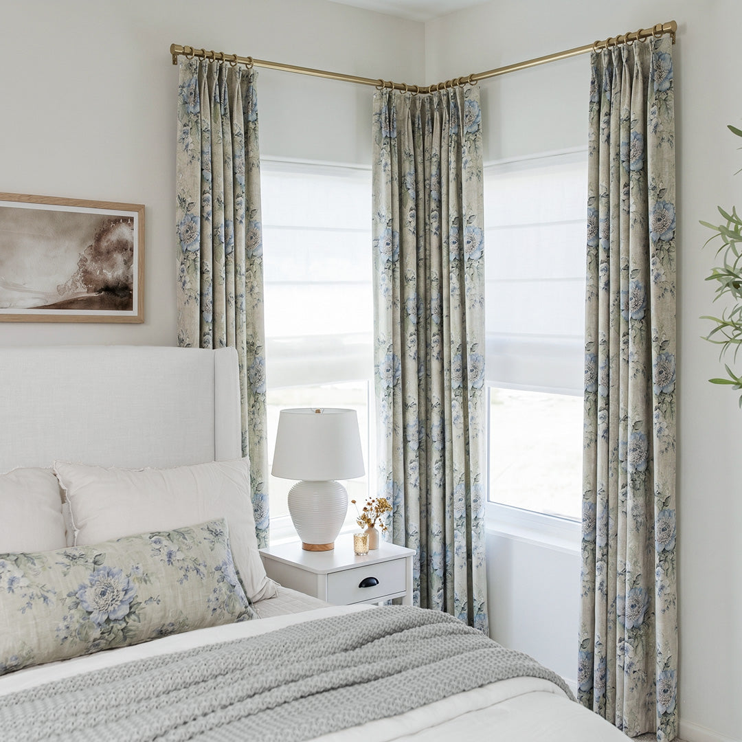 HUGMOOM Luxury Curtains with Floral Pattern - Muted Blue Rose Floral Print Linen Curtains, Custom Pinch Pleat Designer Drapes for Serene Bedrooms, Bespoke Cottagecore &amp; Soft Traditional Window Treatments
