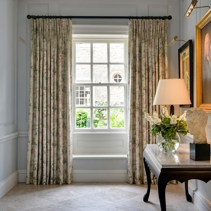 HUGMOOM Luxury Curtains with Floral Pattern - Soft Pastel Floral Print Linen Curtains, Custom Pinch Pleat Drapes for Traditional Home Offices &amp; Formal Living Spaces, Bespoke English Country Style Window Treatments