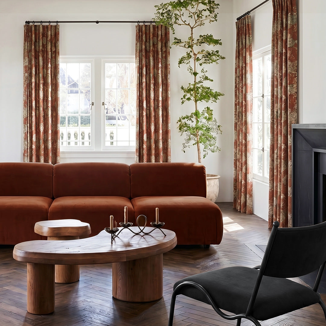 HUGMOOM Luxury Curtains with Floral Pattern - Rich Rust Floral Print Linen Curtains, Custom Pinch Pleat Drapes for Warm Mid-Century &amp; Modern Living Rooms, Bespoke Vintage-Inspired Window Treatments with Earthy Tones