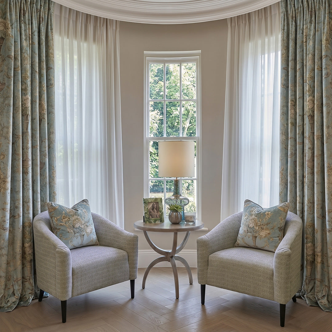 HUGMOOM Luxury Curtains with Floral Pattern - Bespoke Vintage Botanical Print Drapes in Soft Blue-Green Linen Blend, Custom Pinch Pleat Curtains with Sheer Layering for Elegant Bay Window Living Rooms, High-End French Country Window Treatments
