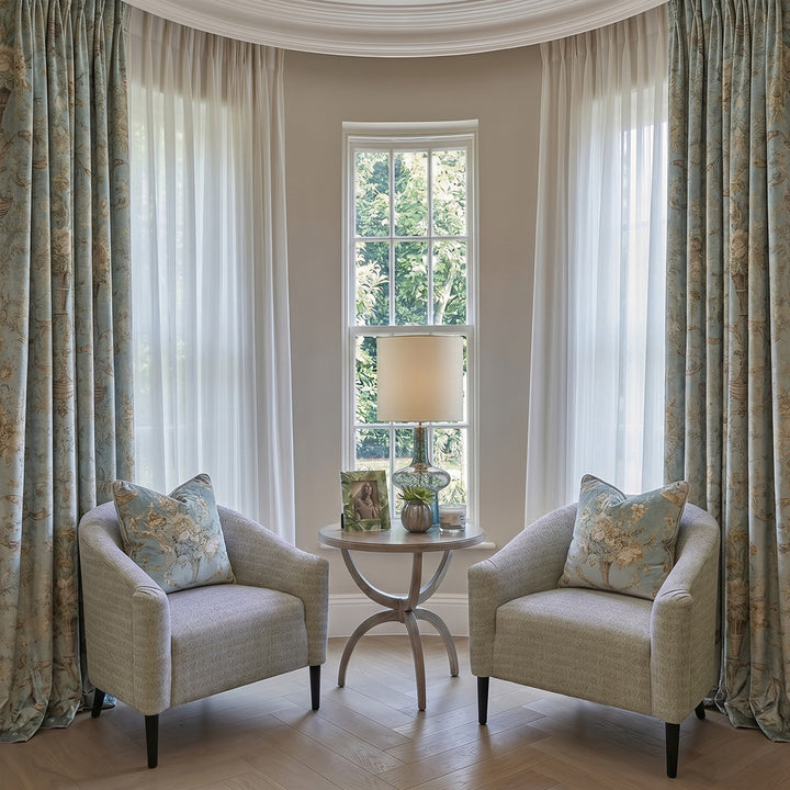 HUGMOOM Luxury Curtains with Floral Pattern - Bespoke Vintage Botanical Print Drapes in Soft Blue-Green Linen Blend, Custom Pinch Pleat Curtains with Sheer Layering for Elegant Bay Window Living Rooms, High-End French Country Window Treatments