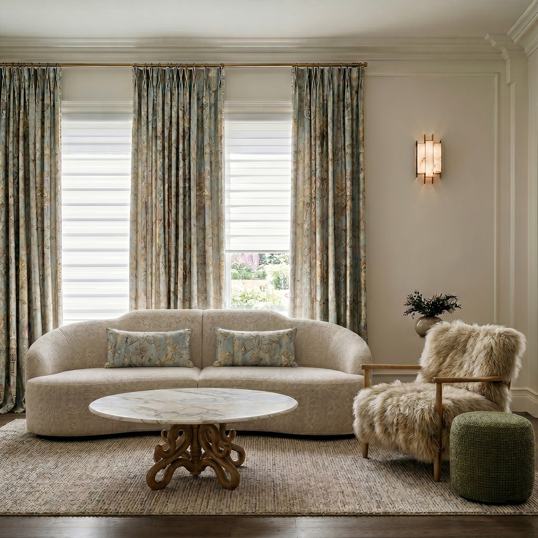 HUGMOOM Luxury Curtains with Floral Pattern - Vintage Botanical Print Drapes in Muted Blue-Green Tones, Custom Pinch Pleat Curtains for Modern Farmhouse &amp; Mid-Century Living Rooms, High-End Timeless Window Treatments