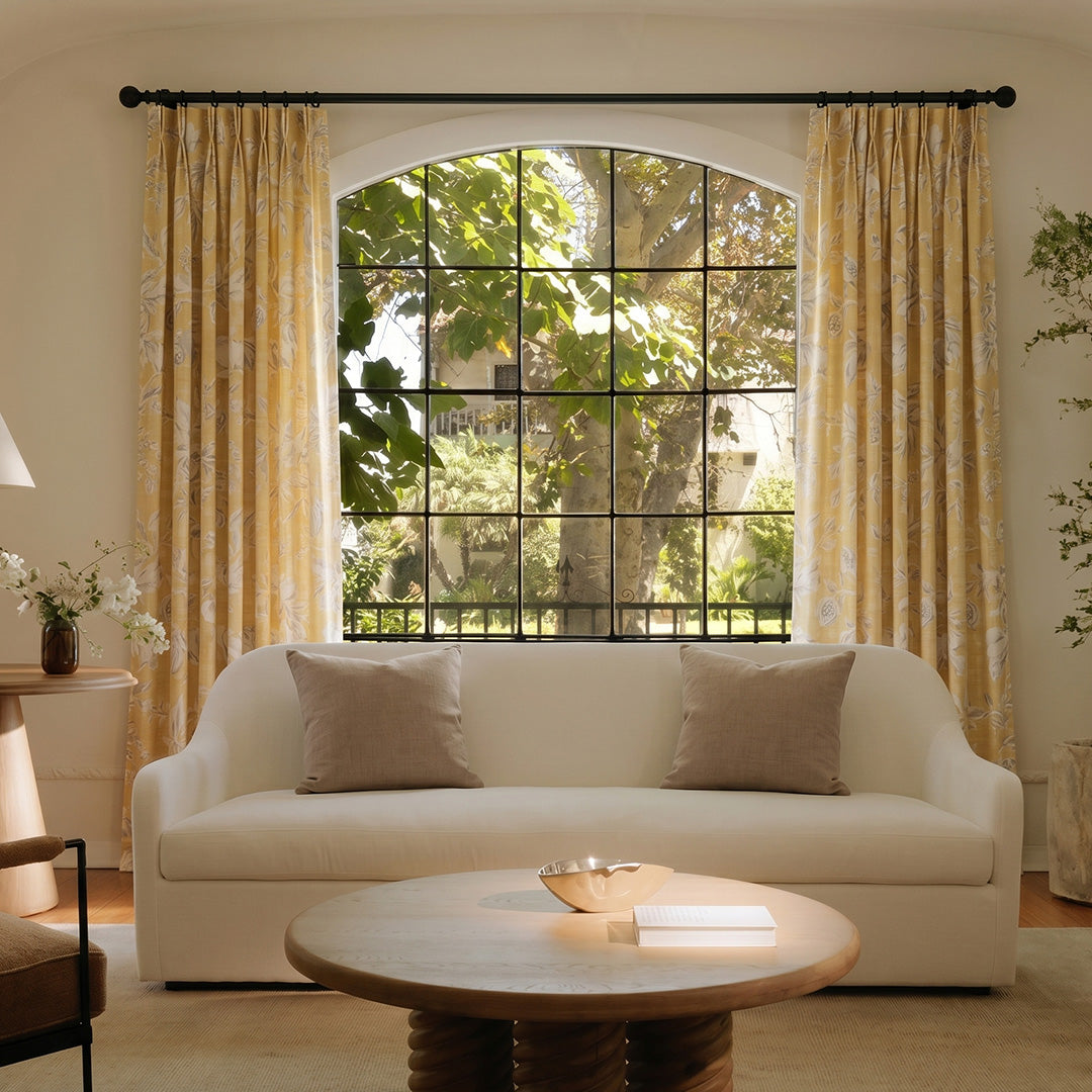 HUGMOOM Luxury Yellow Floral Curtains - Custom Linen Blend Floral Print Drapes with Tassel Trim, Pinch Pleat Curtains for Arched Windows, Bespoke Modern Farmhouse Living Room Treatments