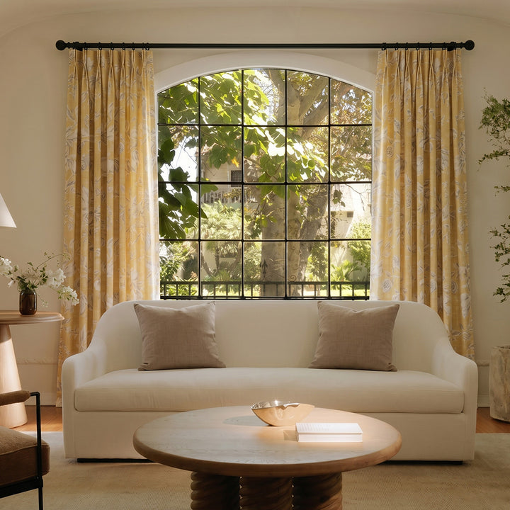 HUGMOOM Luxury Yellow Floral Curtains - Custom Linen Blend Floral Print Drapes with Tassel Trim, Pinch Pleat Curtains for Arched Windows, Bespoke Modern Farmhouse Living Room Treatments