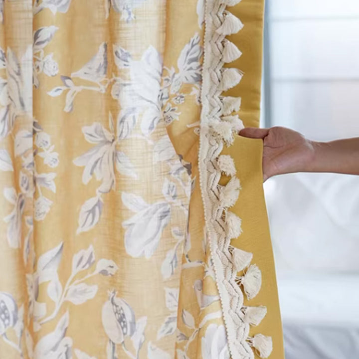 HUGMOOM Luxury Yellow Floral Curtains - Close-Up of Handcrafted Tassel Trim &amp; Soft Linen Print, Custom Bespoke Drapes with Artisanal Fringe Detail, Premium Designer Window Curtains